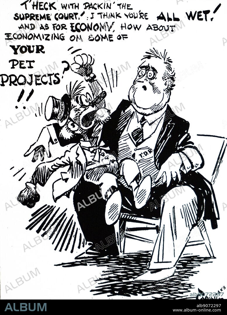 Cartoon depicting Roosevelt tinkering with the United States currency. Franklin D. Roosevelt (1882-1945) an American statesman and political leader who served as the 32nd President of the United States. Dated 20th century.
