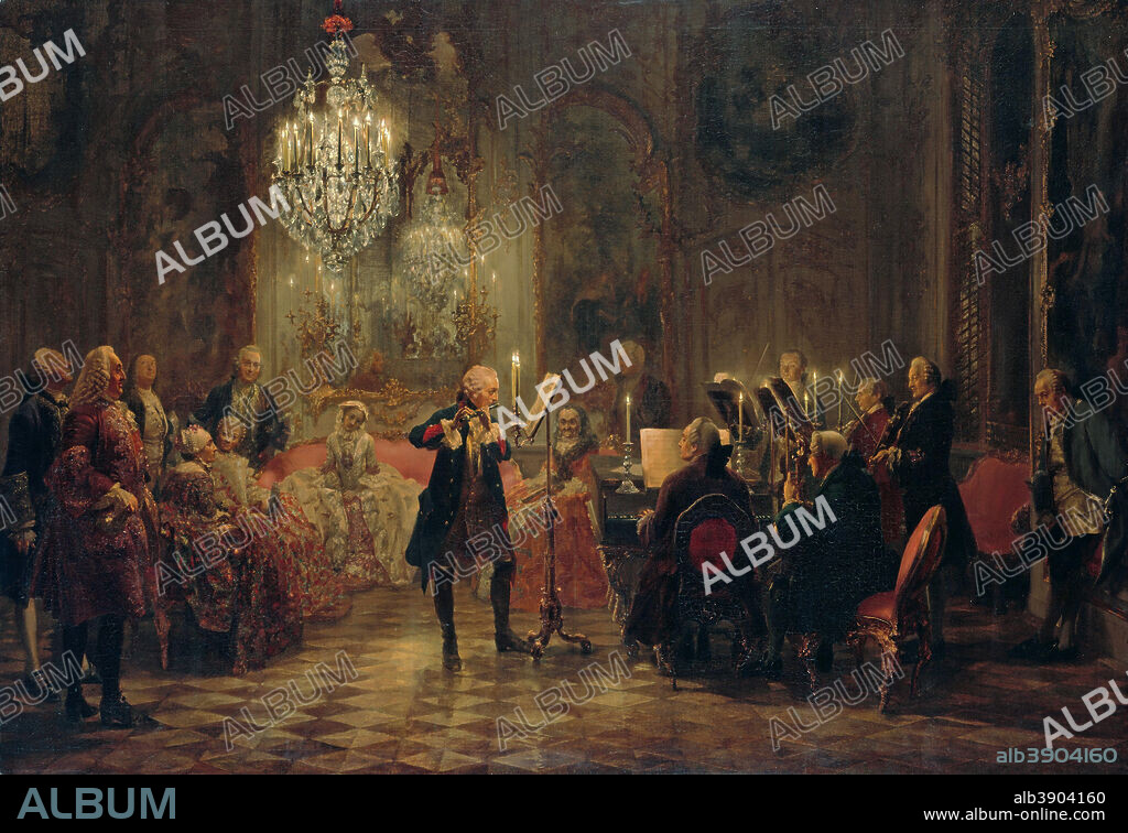 ADOLPH VON MENZEL. Concert for flute with Frederick the Great in Sanssouci. Date/Period: From 1850 until 1852. Painting. Oil on canvas. Height: 142 cm (55.9 in); Width: 205 cm (80.7 in).