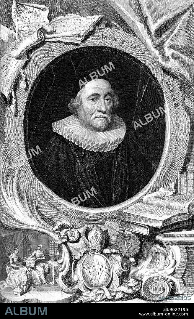 James Ussher (Usher) 1580-1656, Archbishop of Armagh. English churchman. Through scriptural chronology he fixed Creation at 4004 BC. Engraving by George Vertue.