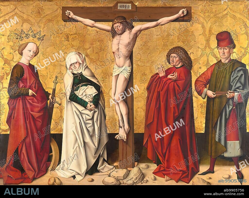 MASTER OF GROßGMAIN. Christ on the cross with saints, 1475/80. Central event of the Passion with the Virgin Mary, Saint John, Saint Catherine with wheel and sword, Saint Sebastian with his arrow.