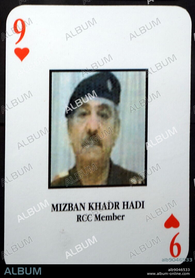 Most-wanted Iraqi playing cards - Mizban Khadr Hadi (RCC Member). The U.S. military developed a set of playing cards to help troop identify the most-wanted members of President Saddam Hussein's government during the 2003 invasion of Iraq.