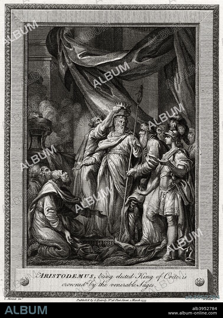 'Aristodemus, being elected King of Crete, is crowned by the venerable Sages', 1777. A plate from The Copper-Plate Magazine or A Monthly Treasure, London, 1777.