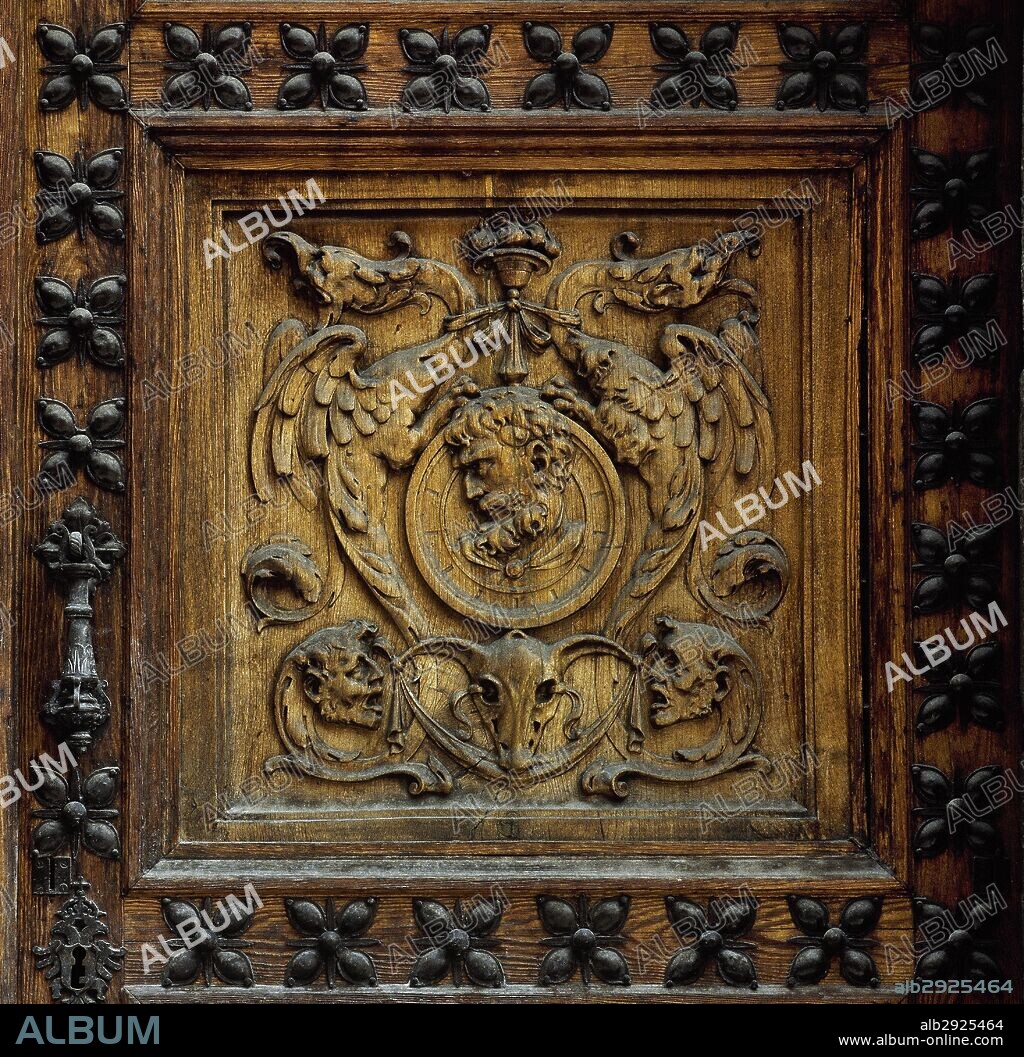 Francisco Jimenez de Cisneros (1436-1517). Spanish cardinal, Grand Inquisitor and regent of Spain. Craft detail from the door of the House of Cisneros, Sacramento Street. Madrid, Spain.