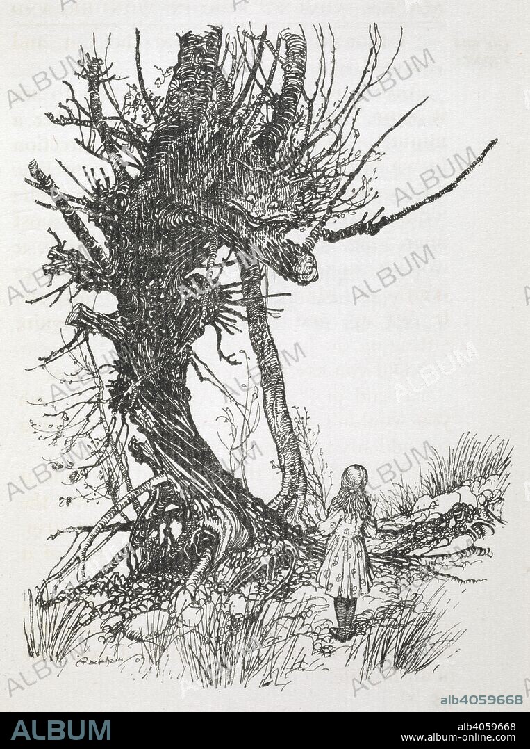 ARTHUR RACKHAM and LEWIS PSEUD. [I. E. CHARLES LUTWIDGE DODGSON] CARROLL. The Cheshire Cat in a tree looking down at Alice. Alice's Adventures in Wonderland Illustrated by Arthur Rackham. With a proem by Austin Dobson. L.P.. William Heinemann: London; Doubleday, Page & Co.: New York, [1907.]. Source: K.T.C.105.b.1. page 79 detail.