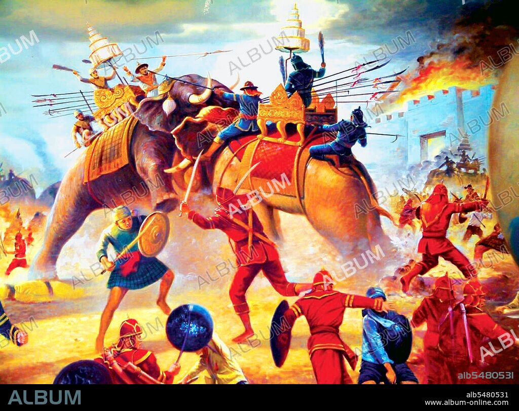 In 1592, Nanda Bayin ordered his son Minchit Sra to attack Ayutthaya. The Siamese army, under King Naresuan, met the Burmese army at Nong Sarai on Monday 18 january, 1593. The personal battle between Naresuan and Minchit Sra is now a highly-romanticised historical scene known as Yuddhahatthi, the Elephant battle. After narrowly missing Naresuan and cutting his head, Minchit Sra was slashed to death on the back of his elephant. This was on Monday, the 2nd waning day of the 2nd month of the Buddhist calendar Chulasakarat Era year 954. Calculated to correspond to Monday, 18 January, AD 1593 of the Gregorian calendar, this date is now observed as Royal Thai Armed Forces day.