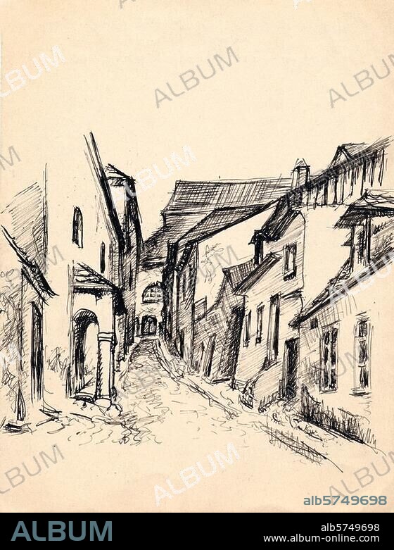 Mikulov - Nikolsburg (Mähren, Techechien), Jüdisches Viertel, Tempelgasse. Straßenbild mit Blick auf die Altschul Synagoge am Ende der Straße; links die Neuschul Synagage. Zeichnung, unbez.