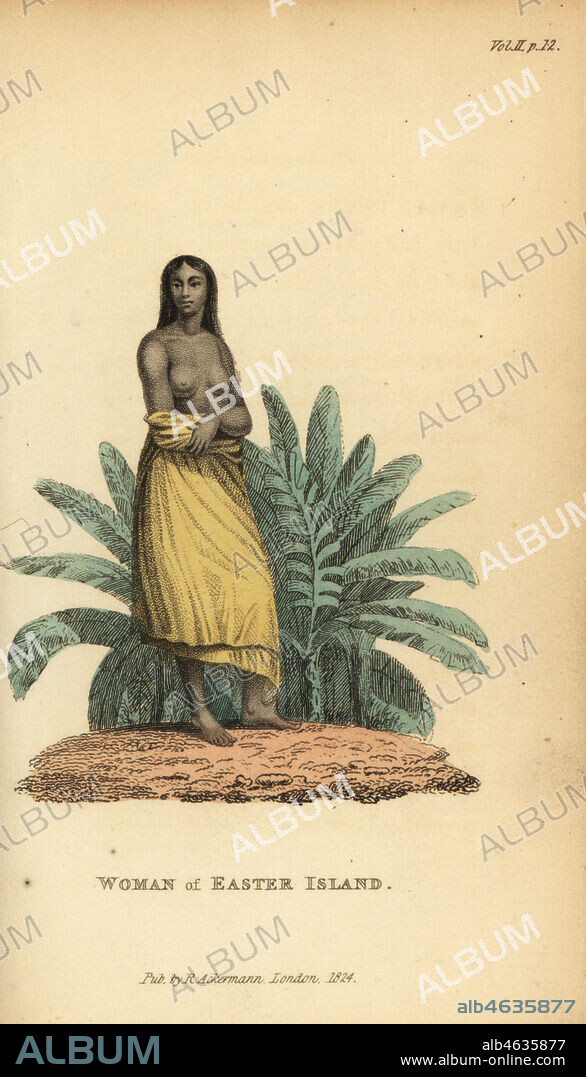Native woman of Easter Island or Rapa Nui. Handcoloured stipple engraving from Frederic Shoberl's The World in Miniature, The South Sea Islands, Ackermann, 1824. After an illustration by Louis Choris in Otto von Kotzebue's Picturesque voyage around the world, 1822.