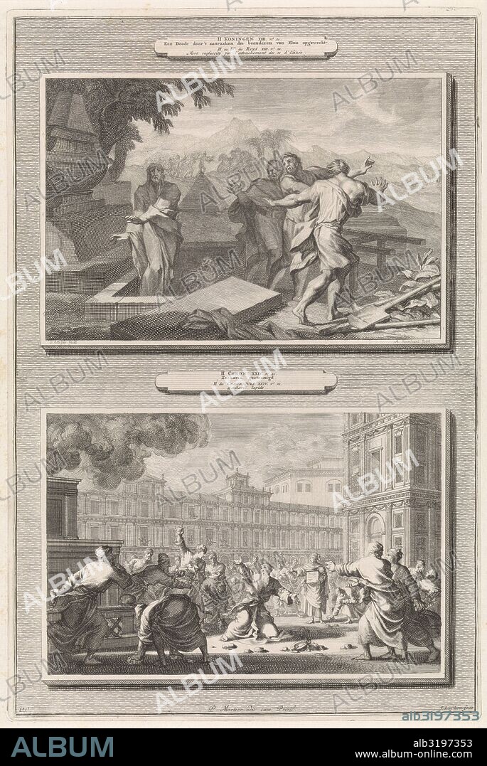 Elisha's bones make a deceased man come to life and the stoning of the prophet Zechariah, Jan Luyken, Andreas Reinhard (I), Pieter Mortier, 1700.