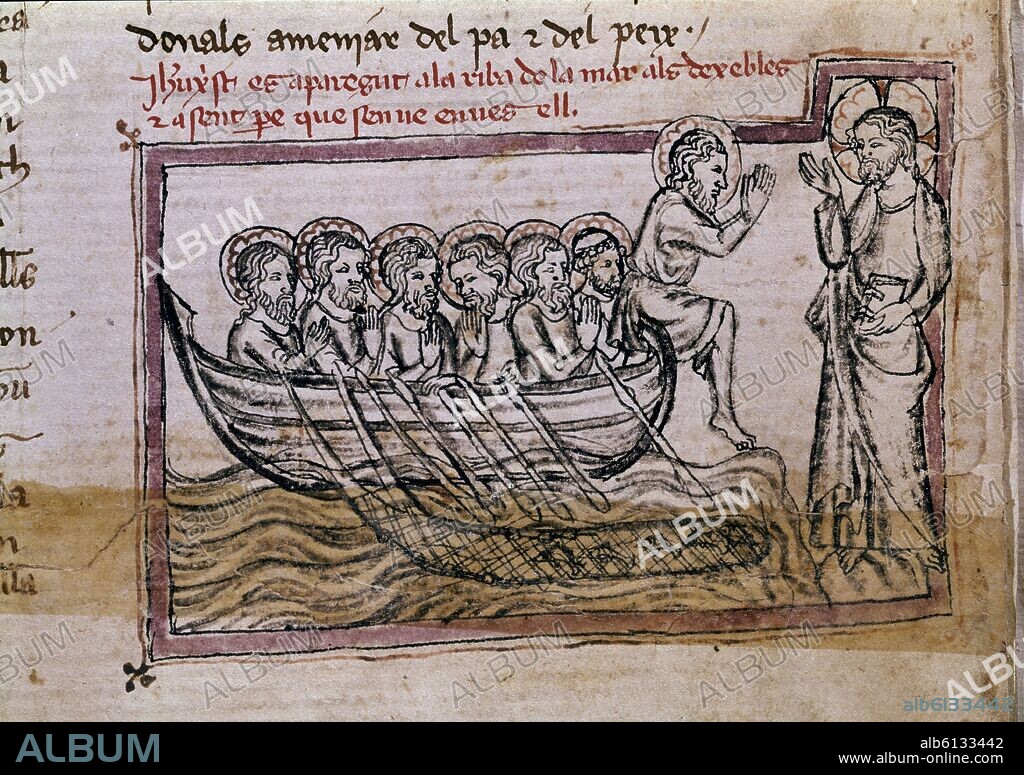 MATFRE ERMENGAUD DE BEZIERS. BREVIARIO DE AMOR- S XV- JESUS RESUCITADO ANTE SUS APOSTOLES: PEDRO SE ARROJA DE LA BARCA- MINIATURA.