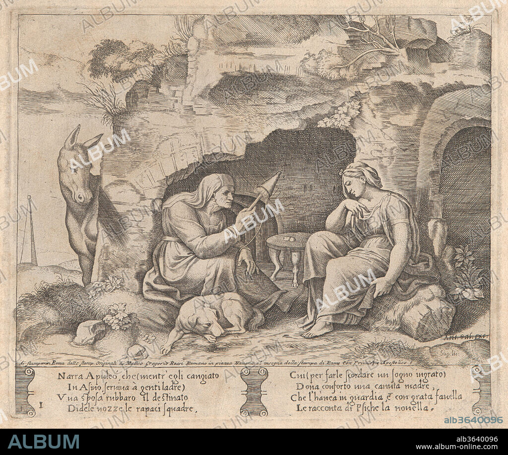 Plate 1: Apuleius changed into a donkey, listening to the story told by the old woman, from the Story of Cupid and Psyche as told by Apuleius. Artist: Master of the Die (Italian, active Rome, ca. 1530-60); After Michiel Coxie (I) (Netherlandish, Mechelen ca. 1499-1592 Mechelen). Dimensions: Sheet: 10 1/4 × 15 13/16 in. (26 × 40.2 cm)
Plate: 7 3/4 × 9 1/4 in. (19.7 × 23.5 cm). Publisher: Matteo Gregorio Rossi (Italian, 1638-1702); Formerly published by Antonio Salamanca (Salamanca 1478-1562 Rome). Series/Portfolio: The Story of Cupid and Psyche as told by Apuleius. Date: 1530-60.
This book contains 32 plates bound together, 3 of which are by Agostino Veneziano.