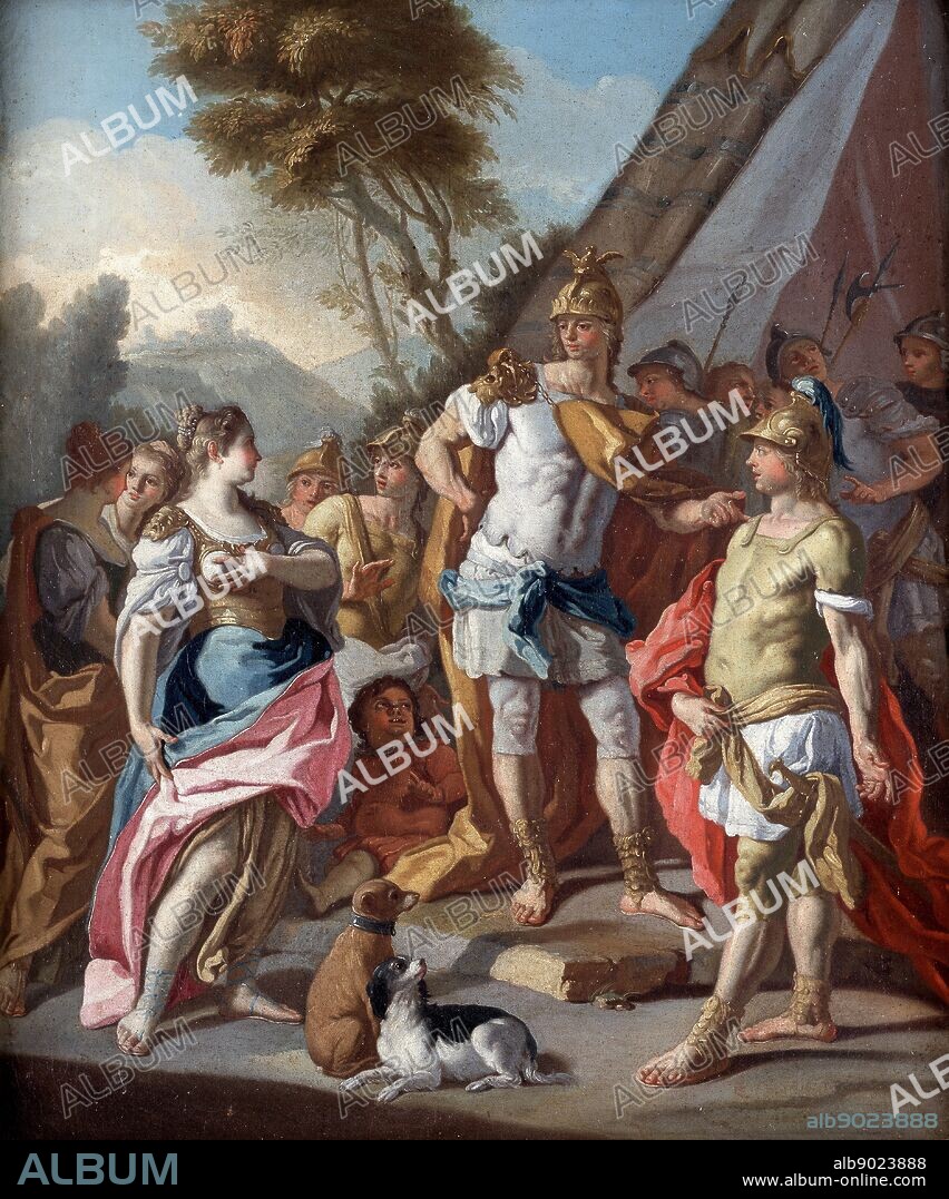 'Sisygambus, mother of Darius III, mistakes Hephistion (Hephaestion) for Alexander the Great'. After Alexander's defeat of the Persians at Issus, 333 BC, Darius's womenfolk were taken to Alexander's tent. Sisygambus speaks to Hephistion as the most imposing figure in the group. Alexander, known to be of short stature, is the figure on the left. Francesco da Mura (1696-1782) Italian painter. Oil on canvas. Private collection.