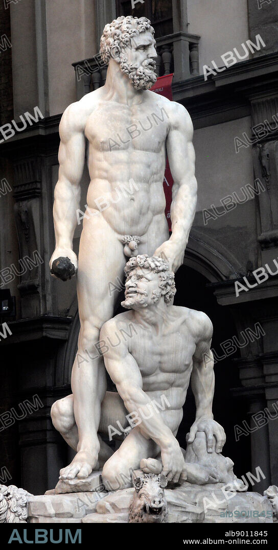 White marble sculpture of Hercules and Cacus by Florentine artist Baccio Bandinelli. Situated in the Piazza della Signoria, Florence, Italy. Circa 1533. Show's demi-god Hercules in a moment of pause after defeating Cacus.