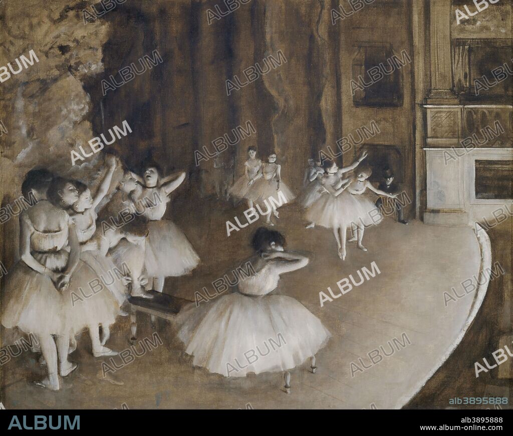 EDGAR DEGAS. Répétition d'un ballet sur la scène Ballet Rehearsal on Stage. Date/Period: 1874. Painting. Oil on canvas. Height: 650 mm (25.59 in); Width: 810 mm (31.88 in).