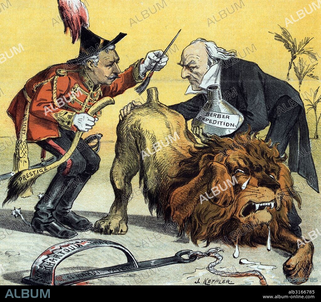 A tale of a tail by Joseph Ferdinand Keppler (1838-1894). Print, Chromolithograph of Viscount Wolseley attempting to glue the tail labelled 'Prestige' onto a weeping British Lion with the aid of British Prime Minister William E Gladstone who is holding a glue pot labelled 'Berber Expedition';a large, bloody animal trap labelled 'Khartoum Trap' and 'El Mahdi Patent' is in the foreground.