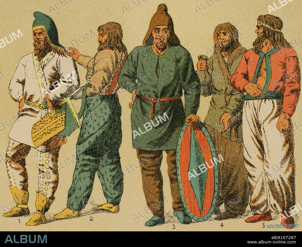 Próximo Oriente. Escitas y partos. De izquierda a derecha; 1: traje escita masculino, 2: hombre principal. Faja matizada, 3-4-5: hombres del pueblo. Cromolitografía. "Historia Universal", por César Cantú. Tomo I, 1881.
