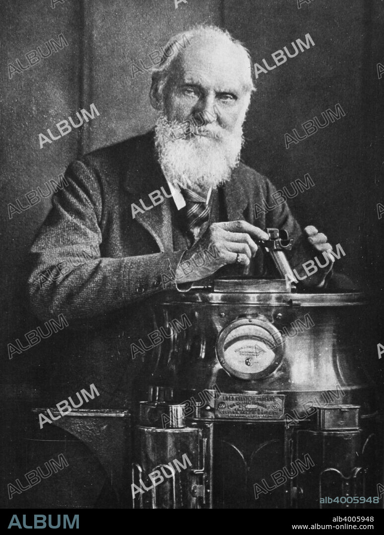 Lord Kelvin, Scottish mathematician and physicist, with his compass, 1902. Born William Thomson, Lord Kelvin (1824-1907) was educated at Glasgow and Cambridge. He was Professor of Natural Philosophy (Physics) at the University of Glasgow for 53 years. Kelvin was a pioneer of thermodynamics and electromagnetic theory and devised the temperature scale that bears his name. He also directed work on the first transatlantic cable telegraph, which gave him considerable wealth. He was probably the first scientist to become wealthy through his work. He turned to improving his compass comparitively late in life. It had a very light card giving a long period of oscillation. The compass was mounted in a binnacle fitted with magnets and spheres and was much more accurate than previous compasses.