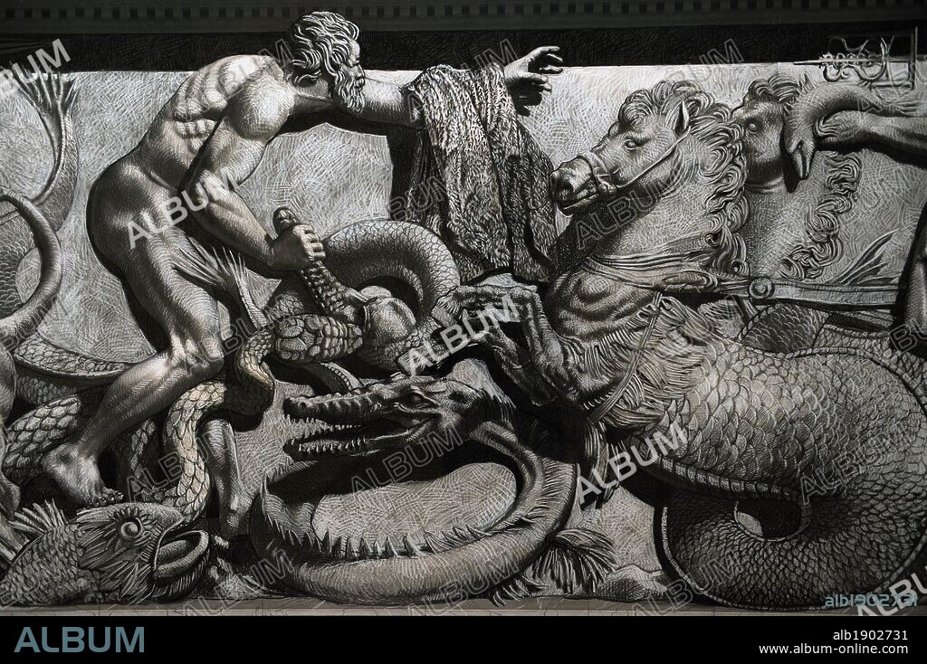 ARTE GRIEGO-HELENISTICO. ASIA MENOR. Dibujos del artista YADEGAR ASISI que reproducen el friso norte del ALTAR DE ZEUS o ALTAR DE PERGAMO, construido en el S. II a. C. Reproducen las escenas y personajes que faltán en el original. Detalle de la GIGANTOMAQUIA". Friso Norte. Gigante y carro de Poseidón. Museo de Pérgamo. Berlín. Alemania.. Museo de Pérgamo (Isla de los Museos). Berlín. Alemania. Europa.