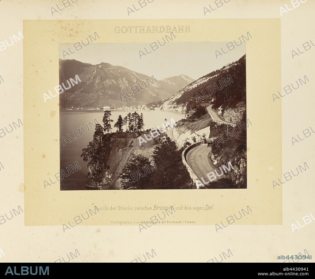 Gotthardbahn: Ansicht der Strecke zwischen Brunnen und dem sogen: Ort, Adolphe Braun & Cie (French, 1876 - 1889), Dornach, France, about 1875–1882, Albumen silver print, 21.4 × 27.3 cm (8 7/16 × 10 3/4 in.).