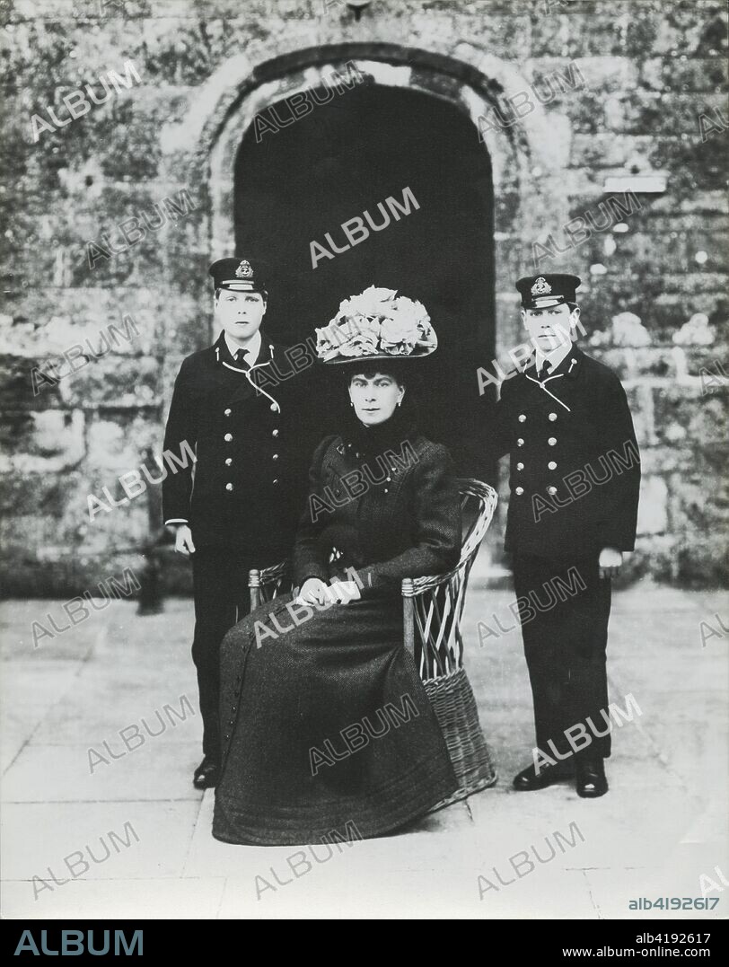 The Princess of Wales with her sons, Prince Edward and Prince Albert, in front of the Queen's Entrance to Barton Manor, Isle of Wight, 1909. The future Queen Mary (1867-1953) with her sons in naval cadets' uniforms. Edward, the eldest son of Queen Mary and King George V, Edward (1894-1972) was invested as Prince of Wales in 1911. He succeeded his father as king in 1936 but only ruled from 20 January 1936 until 11 December 1936 before abdicating in order to be with the woman he loved, an American divorcee called Wallis Simpson. His brother Prince Albert (1895-1952) took the throne in his stead and was crowned King George VI.