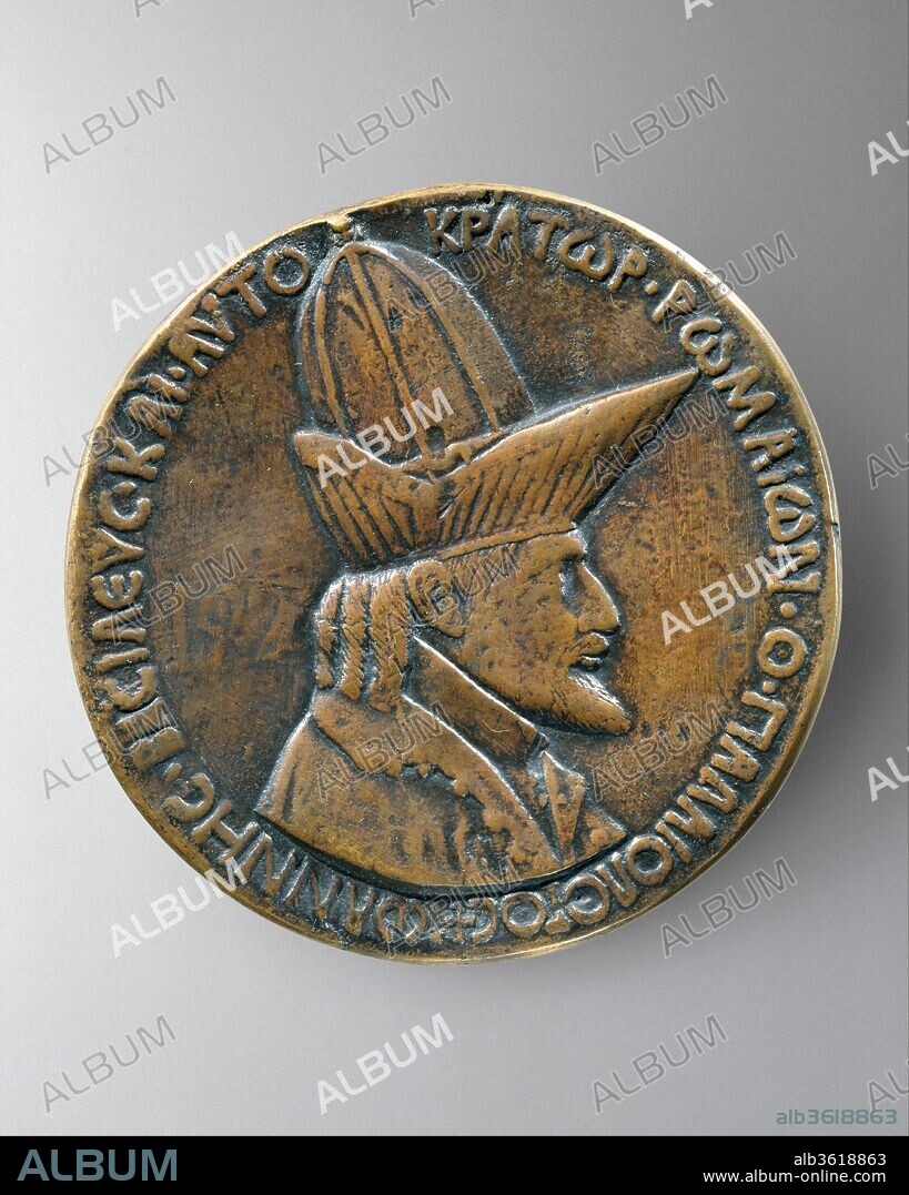 Medal:  John VIII Palaeologus. Artist: Pisanello (Antonio Pisano) (Italian, Pisa or Verona by 1395-1455). Dimensions: 10 cm, wt. 308.9 g.. Date: model 1439 (possibly cast 17th century).
Active in Verona and the Italian courts, the celebrated master Pisanello left behind a significant legacy, including a large corpus of drawings, several paintings, and the devopment of the Renaissance portrait medal.  Inspired by Roman coins, with their portraits of rulers and allegorical representations on the reverse, the medals commemorated individuals or events and functioned as gifts and mementoes. This medal commemorated the visit of the Byzantine emperor John VIII Palaeologus (1392 - 1448) to Ferrara in 1438 to attend the ecumenical congress of the Greek and Latin churches. The obverse depicts the Emperor's portrait while the reverse portrays him riding in a rocky landscape. Possibly the first medal produced by Pisanello, its design set a standard format for many future commemorative medals. This heavily worn aftercast possibly dates to the seventeenth century.