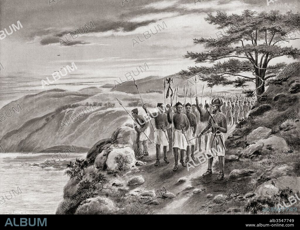 Sargon of Akkad aka Sargon the Great leading his army along the coast road in Northern Syria, a Semitic Akkadian emperor he was known for his conquest of the Sumerian city-states in the 24th and 23rd centuries BC. From Hutchinson's History of the Nations, published 1915.