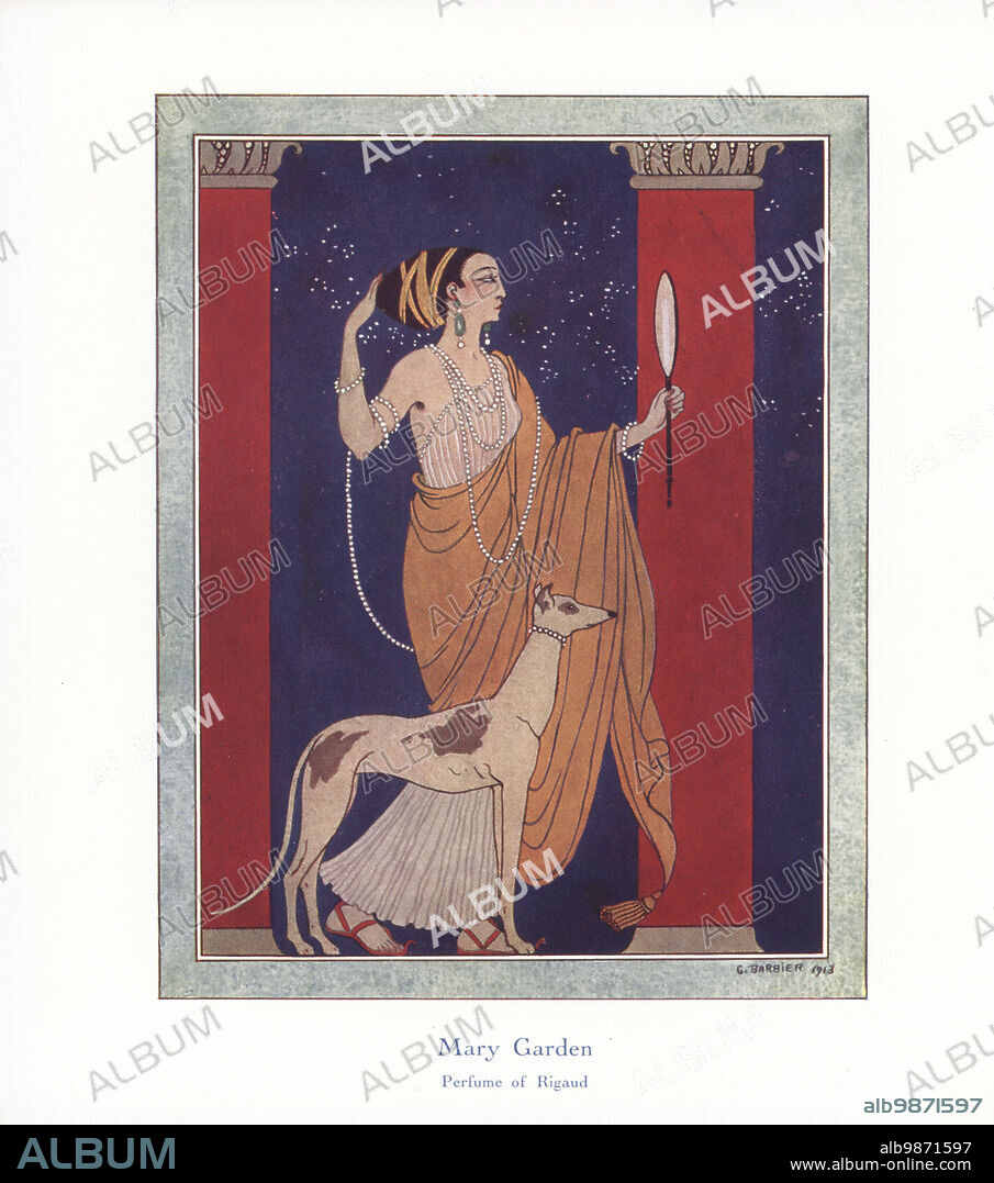 Promotional art for Mary Garden, Perfume of Rigaud, 1913. It was launched in 1910 and later discontinued. Named for the popular Scottish-American operatic lyric singer, 1874-1967. A woman in ancient Greek hairstyle and costume with strings of pearls looks in a mirror between two columns. Colour-printed illustration by George Barbier from Andre de Fouquieres The Perfumes of Rigaud, Letters of a Parisian and and American Girl, L'art des parfums, Lettres d'un Parisien et d'une Américaine, Maison Rigaud, Parfumeur, Paris, 1915.
