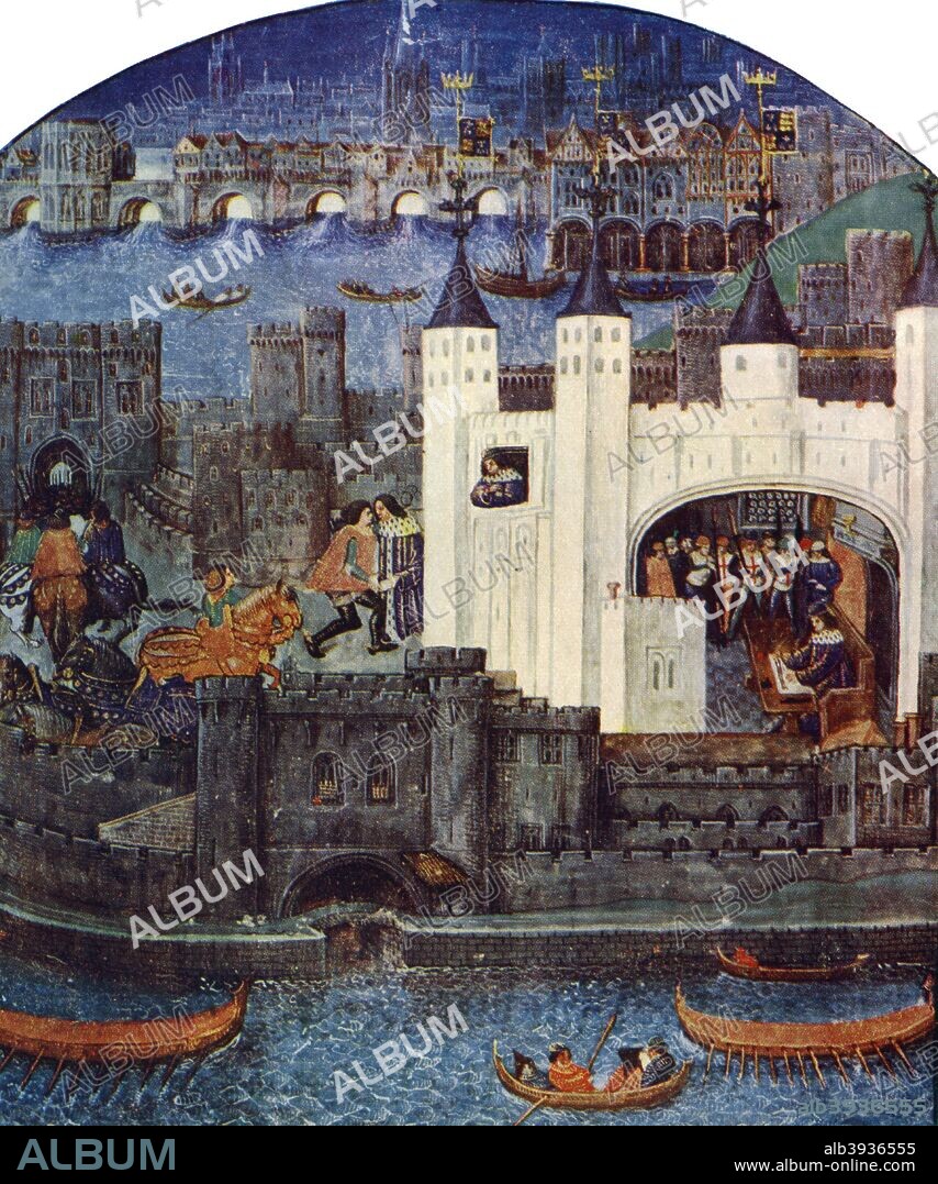 The Tower of London with London Bridge, c1500, (c1900-1920). Charles, Duke of Orleans can be seen writing inside the Tower of London, and also at a window and in the courtyard, sending a letter. Charles was the last and arguably greatest of the French courtly poets, who also gained a reputation for his poems in English written during 25 years exile in England after his capture at Agincourt in 1415. A print from Art History and Literature Illustrations, by Jessie Noakes, Virtue and Co, (London, c1900-1920).