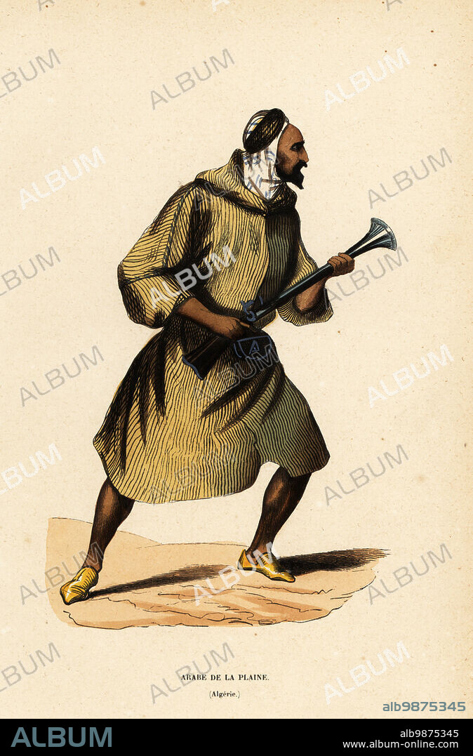 Arab of the plains or Arab Chief of the desert, Algeria. He wears a keffiyeh, short burnous with hood, and holds a blunderbuss. Arabe de la Plaine, Algerie. Handcoloured woodcut from Auguste Wahlen's Moeurs, Usages et Costumes de tous les Peuples du Monde, (Manners, Customs and Costumes of all the People of the World) Librairie Historique-Artistique, Brussels, 1845. Wahlen was the pseudonym of Jean-Francois-Nicolas Loumyer (1801-1875), a writer and archivist with the Heraldic Department of Belgium.