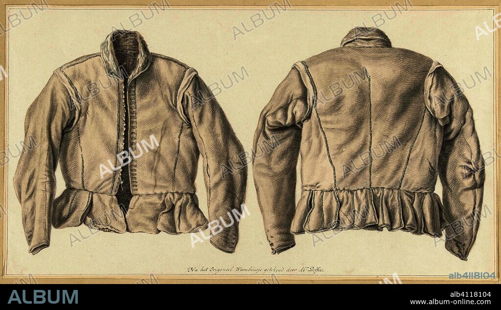 The doublet in which Hugo de Groot Loevestein fled, front and rear view. Draughtsman: Abraham Delfos. Dating: 1741 - 1820. Measurements: h 253 mm × w 462 mm.