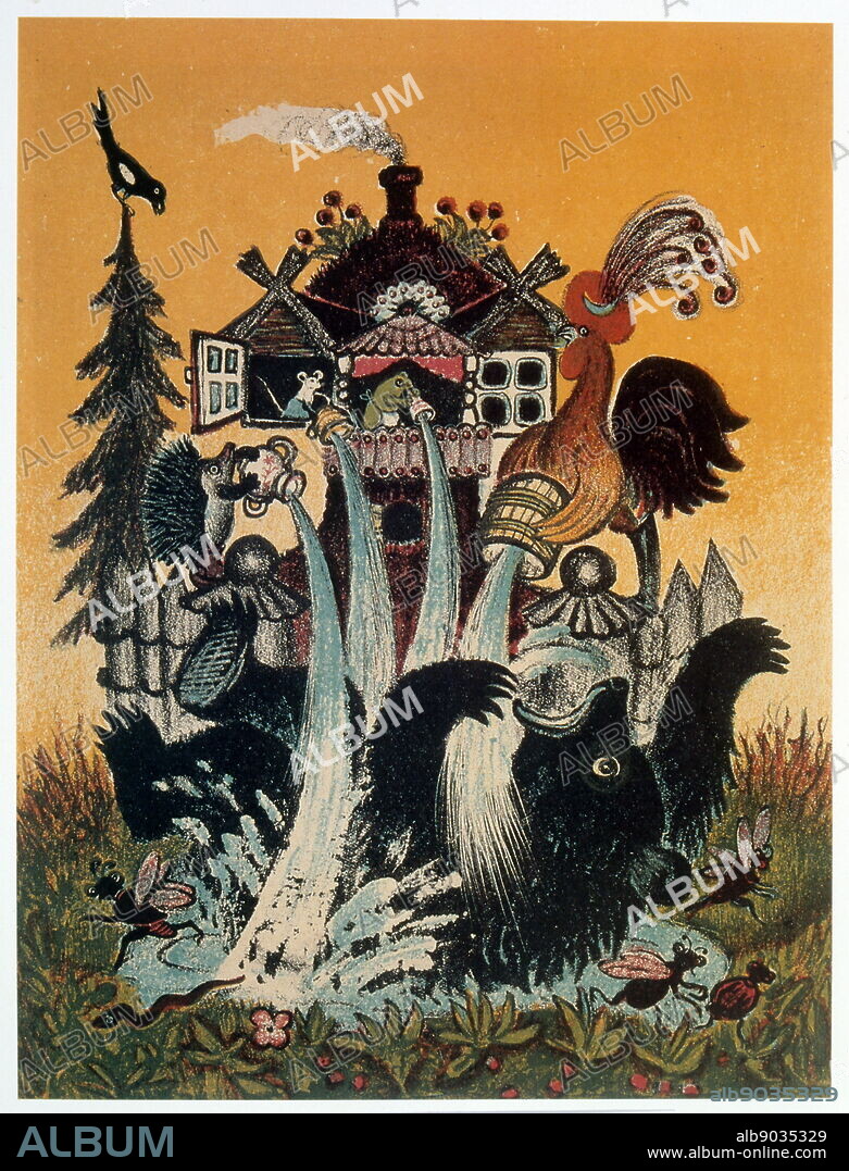 The Cockerel, squirrel, mouse and Frog and the bear. Based on a children's story. 1941, by Yuri Vasnetsov (1900-1973), Soviet painter and graphic artist. His work was closely linked with the traditions of Russian folk art.