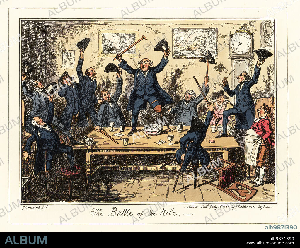 The Quidam Association of old Royal Navy sailors meeting in a pub. Wounded veterans drunk on punch in The Jolly Sailor, some with wooden legs, crutches, eyepatches. Jack Rattlin stands on the table recounting Nelson's victory at the Battle of the Nile, 1798. Handcoloured lithograph by George Cruikshank from Greenwich Hospital, a Series of Naval Sketches, by An Old Sailor (Matthew H. Barker), published by James Robins, London, 1826.