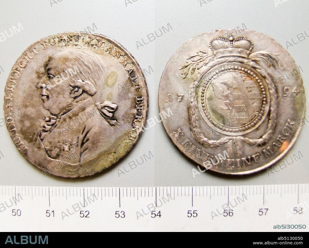 Ruler: Friedrich Albrecht, Prince of Anhalt-Bernburg, Mint: Anhalt-Bernburg, 1 Thaler of Friedrich Albrecht, Prince of Anhalt Bernburg from Anhalt Bernburg, Silver, 27.67 g, 1:00, 41 mm, Made in Anhalt-Bernburg, Germany, German, 18th century, Numismatics.