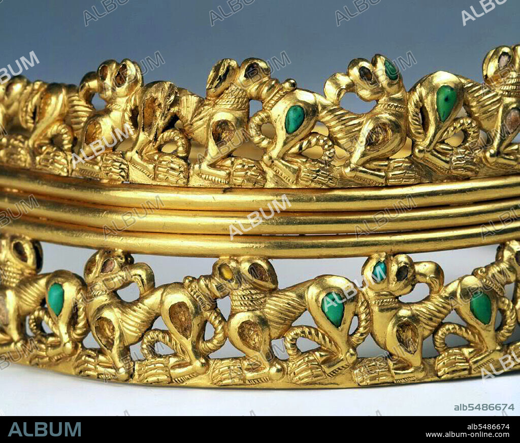 Sarmatian golden neck circlet, 1st century CE, studded with turquoise, coral and glass from the Chochlatch Kurgan, Novocherkask. Image released to the press in 2009. The Scythians were an ancient Iranian people of horse-riding nomadic pastoralists who throughout Classical Antiquity dominated the Pontic-Caspian steppe, known at the time as Scythia. By Late Antiquity the closely-related Sarmatians came to dominate the Scythians in the west.