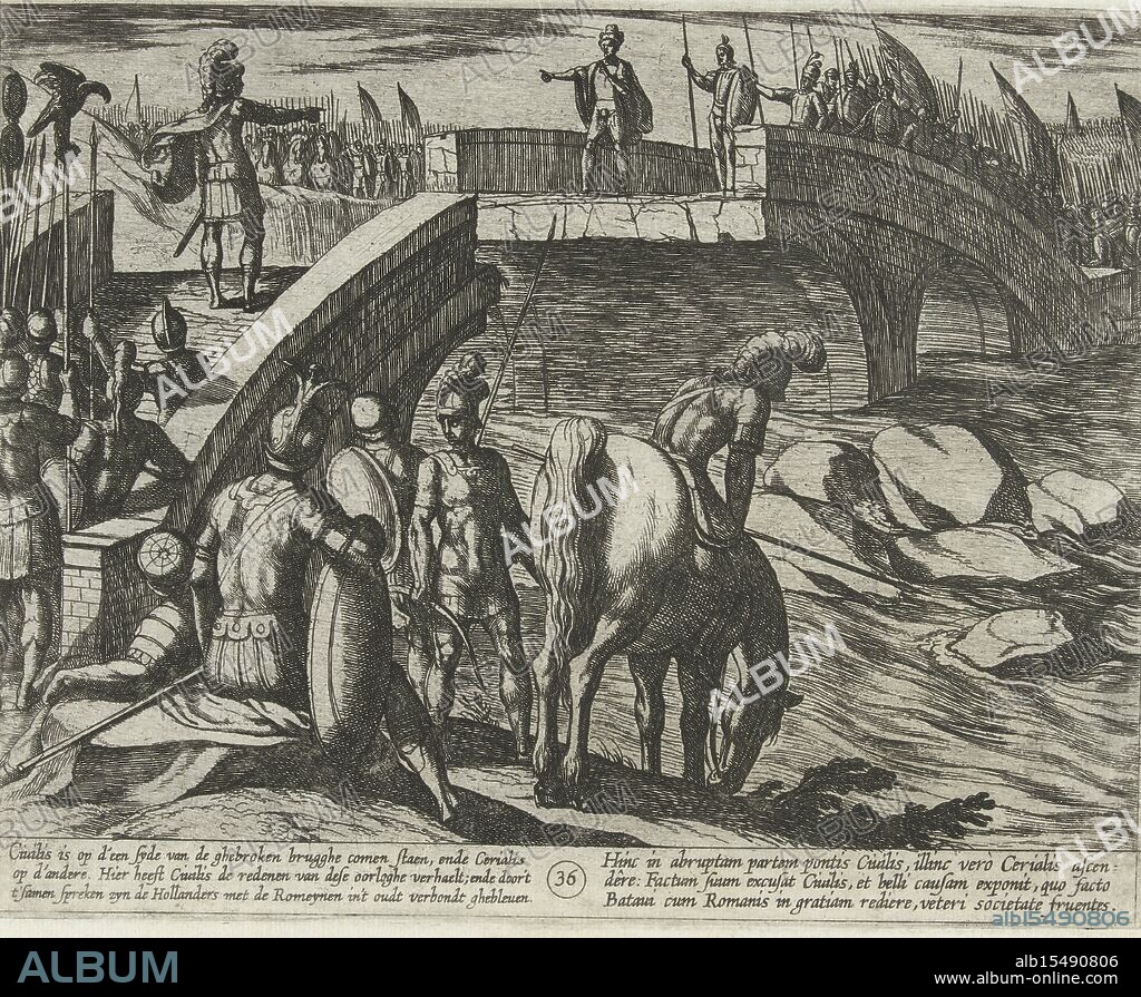 Veen, Otto van, Italy, Tempesta, Antonio, Batavorum cum Romanis Bellum, à Corn. Tacito, The Batavian or Old Dutch War against the Romans, The Batavian Revolt, Civilis and Cerialis negotiate on the demolished bridge, 69-70, Civilis and Cerialis negotiate and make peace on the demolished bridge. Print number 36 and last in the series of prints about the Batavian Revolt: Batavorum cum Romanis bellum, à Corn. Tacito lib. IV & V. : Hist. olim descriptum, figuris nunc aeneis expressum, author Othone Vaenio Lugdunobatava = The Batavian or old Dutch war against the Romans. Otto Vaenius, Antwerp 1612. At the bottom two verses of four lines in Dutch and Latin. Text in Latin on the back., print, history print, prints, Frederik Muller History plates, height 167 mm, width 211 mm, Italian, 1555 - 1630-08-05, print maker, 1612 - 1612, first quarter 17th century, paper, etching, etchings, Work conception, Southern Netherlands, 1556 - 1629-05-06.