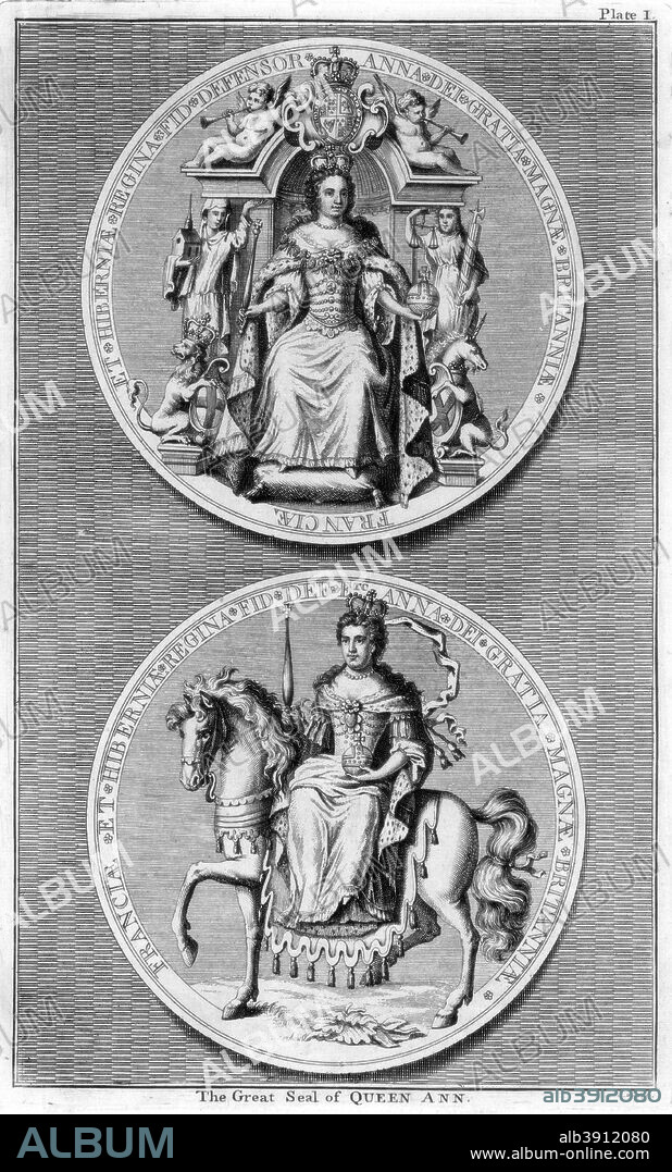 The great seal of Queen Anne of Great Britain. Anne (1665-1714) was the daughter of James II, deposed by William of Orange in the Glorious Revolution of 1688. The last Stuart monarch, she came to the throne after the death of William in 1702, and became the first monarch of the Kingdom of Great Britain and Ireland after the signing of the Act of Union in 1707. Her reign saw a decline of the power of the crown in favour of that of ministers as well as the development of a two party system of politics. Her inability to produce an heir precipitated a succession crisis, with parliament passing legislation to hand the crown to the House of Hanover in order to prevent the Catholic Old Pretender, James Francis Edward Stuart, from claiming the throne.