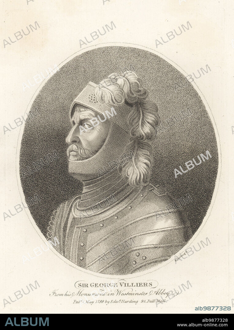 Sir George Villiers, English knight, country gentleman, court of Queen Elizabeth I, 1544-1606. From his monument in white marble sculpted by Nicholas Stone, in suit of plate armour and plumed helmet, Westminster Abbey. Copperplate engraving by Edward Harding from John Adolphus The British Cabinet, containing Portraits of Illustrious Personages, printed by T. Bensley for E. Harding, 98 Pall Mall, London, 1799.