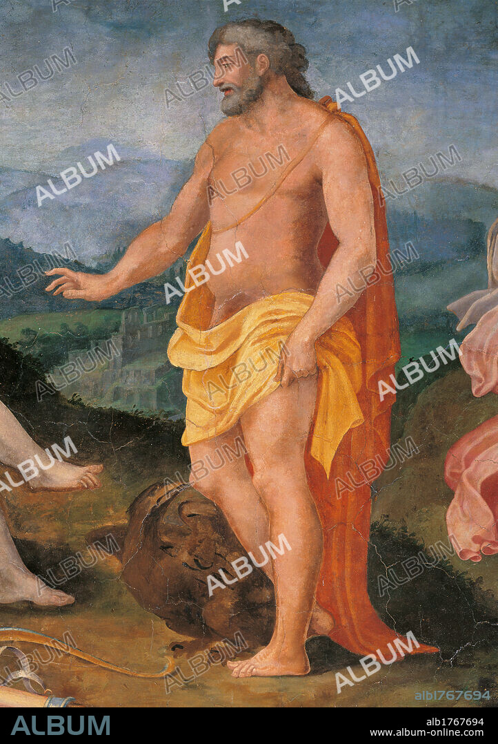 Jupiter and Callisto, by Giovan Battista De Arcangelis, 1550 about, 16th Century, fresco,. Italy, Lazio, Rome, Palazzo Spada, Room Callisto. Detail. Jupiter eagle man naked drape yellow profile beard. Authorization required for non editorial use.