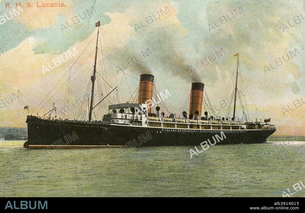 RMS 'Lucania', c1905. The 'Lucania' was a liner operated by the Cunard Line between 1893 and 1909. She held the Blue Riband from 1893 until 1898. The 'Lucania' and her sister, the 'Campania', had the most luxurious first class passenger accommodation of their time.