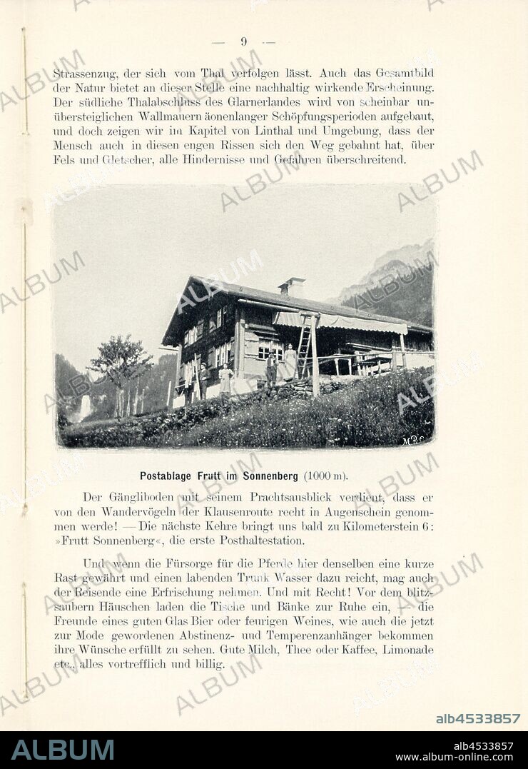 Post office Frutt im Sonnenberg, Postal deposit at the Klausenstrasse, Signed: M.R.C, Fig. 8, p. 9, Meisenbach, Riffarth und Co. (imp.), 1900, J. Knobel: Illustrierter Reisebegleiter für die Alpenstrasse des Klausen und ihre Zufahrtslinien. Glarus: Buchdruckerei J. Spälti, 1900.