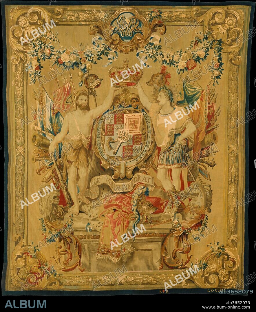 The Arms of William and Mary. Culture: Flemish, Brussels. Designer: Possibly Daniel Marot the Elder (French, Paris 1661-1752 The Hague); Possibly Johannes Christoph Lotijn (Dutch, active 1686-1700). Dimensions: H. 117 x W. 91 inches (297.2 x 231.1 cm). Maker: Woven by Hieronymus Le Clerc (active 1676-1719) for William III of England (r. 1688-1702). Patron: Commissioned for William III (William of Orange) (born 1650). Date: 1694-1700.