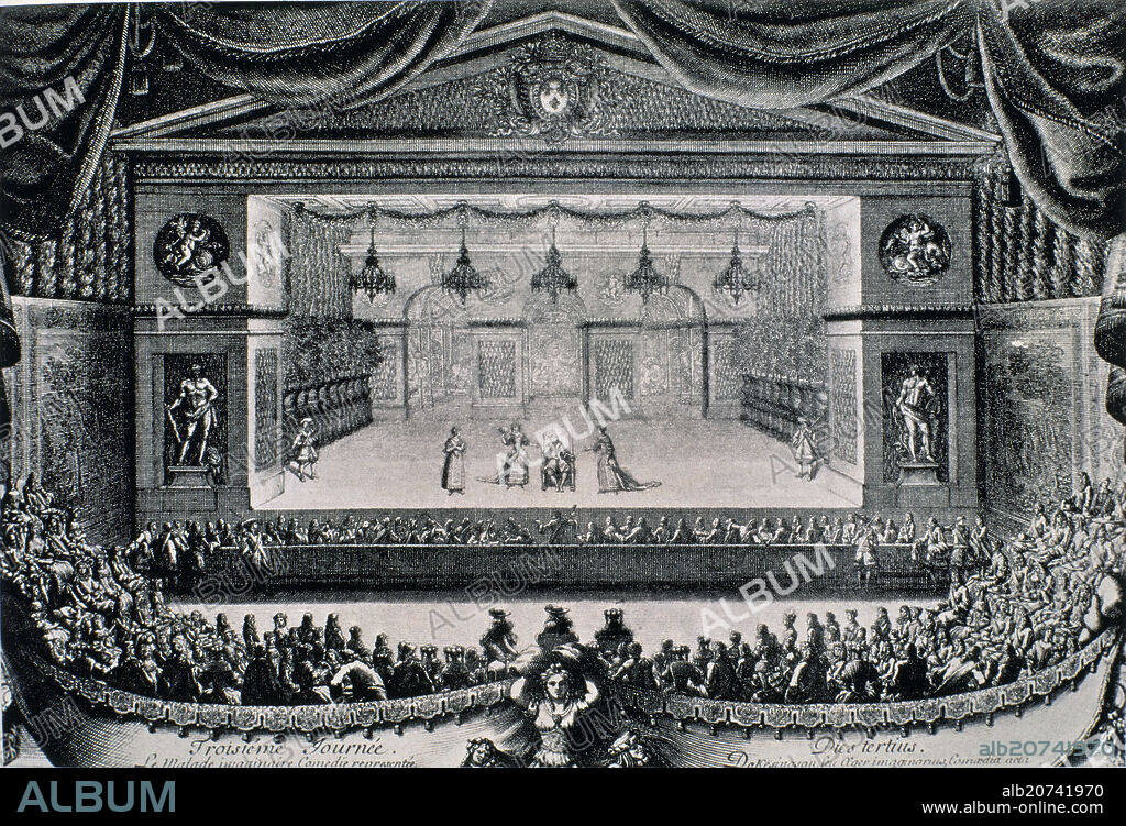 JEAN BAPTISTE POQUELIN MOLIERE (1622-1673). ESTAMPA DE UNA REPRESENTACION EN VERSALLES DE "EL ENFERMO IMAGINARIO"- 1674.