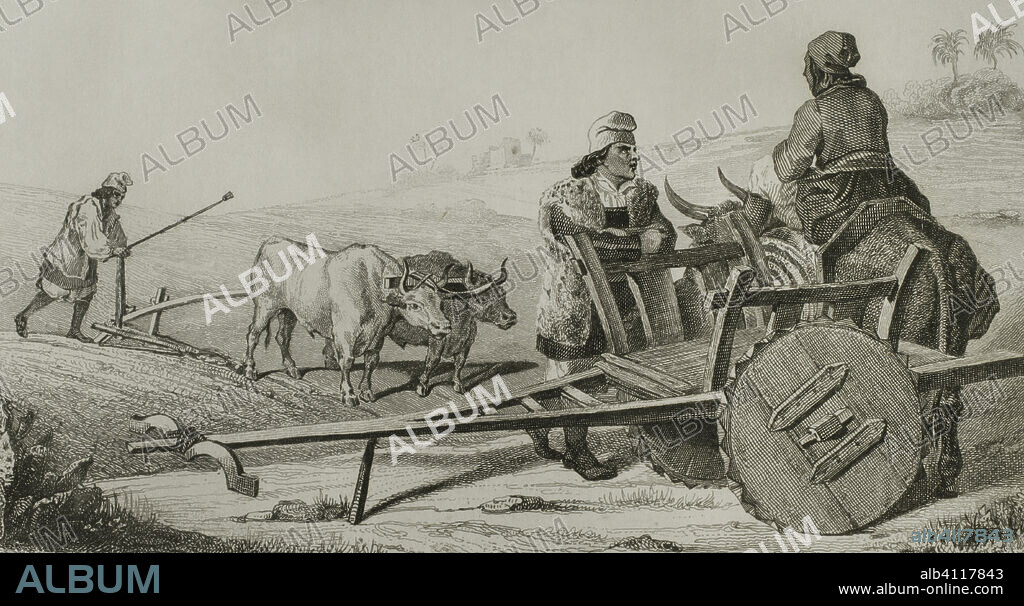 Sardinia. Sardinian farmers. Engraving by Woltener. Lemaitre direxit. History of Malta and Gozo, by Frédéric Lacroix. Panorama Universal, Spanish edition, printed in Barcelona, 1850.