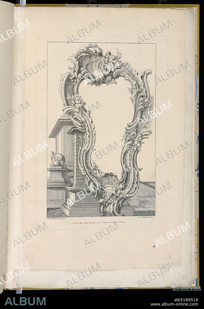 Cartouche placed in font of a Pedestal, Pierre Edme Babel, French, ca. 1720-1775, Pierre Edme Babel, French, ca. 1720-1775, Jacques Chéreau, French, 16881776, Etching on off-white paper, Cartouche design in front of a pedestal, France, 17001775, ornament, Print, Print.