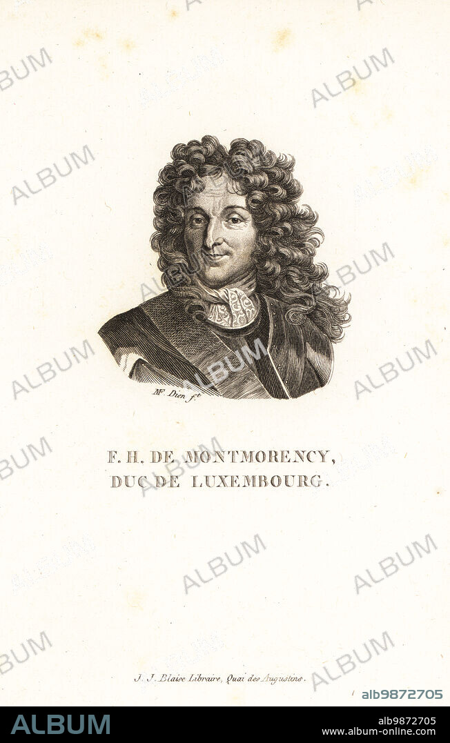 Duke of Luxembourg, French general, 1628-1695. Francois Henri de Montmorency, Duke of Piney-Luxembourg, The Upholsterer of Notre-Dame, Marshal of France. F.H. de Montmorency, Duc de Luxembourg. Copperplate engraving by Claude Marie Francois Dien after Hyacinthe Rigaud from Marie de Rabutin-Chantal Sevignes Collection des Vingt Portraits du Siecle de Louis XIV, Collection of 20 Portraits of the century of King Louis XIV, J.J. Blaise, Libraire, Quai des Augustins, Paris, 1818.