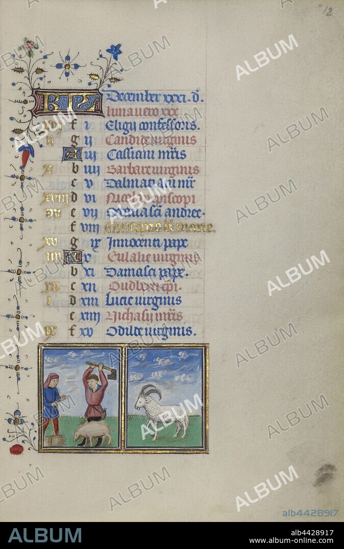 A Man Slaughtering a Pig, Zodiacal Sign of Capricorn, Master of the Lee Hours (Flemish, active about 1450 - 1470), Ghent (probably), Belgium, about 1450 - 1455, Tempera colors, gold leaf, and ink on parchment, Leaf: 19.4 x 14 cm (7 5/8 x 5 1/2 in.).