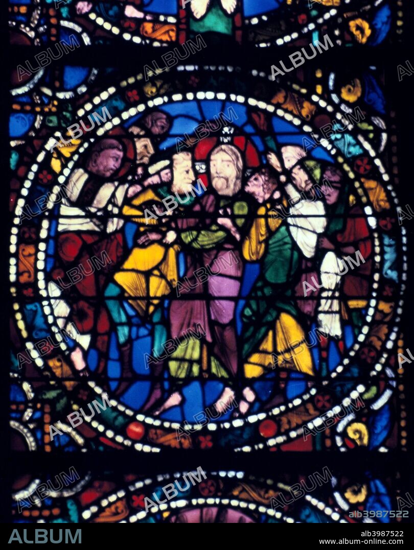 The Arrest of Christ (Kiss of Judas), stained glass, Chartres Cathedral, 1194-1260.