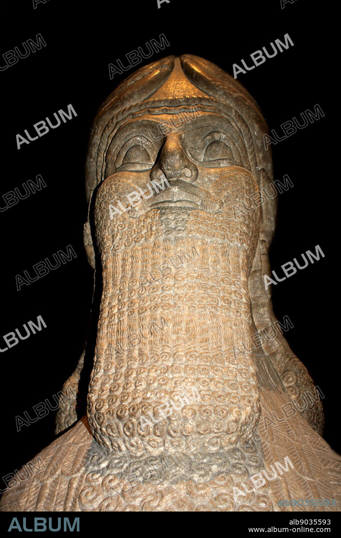 Winged human - Headed bull. Assyrian, About 865-860 BC. From Nimrud, North West Palace. This protective spirit guarded the entrance into what may have been the king's private apartments. The pair to it is in the Metropolitan Museum, New York.