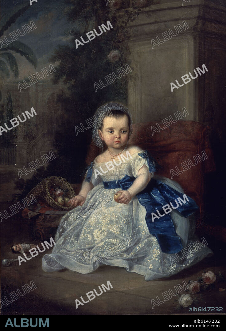 JOSE GUTIERREZ DE LA VEGA (1791-1865). LA INFANTA NIÑA MARIA DE LAS MERCEDES EN LOS JARDINES DE SAN TELMO - SIGLO XIX.