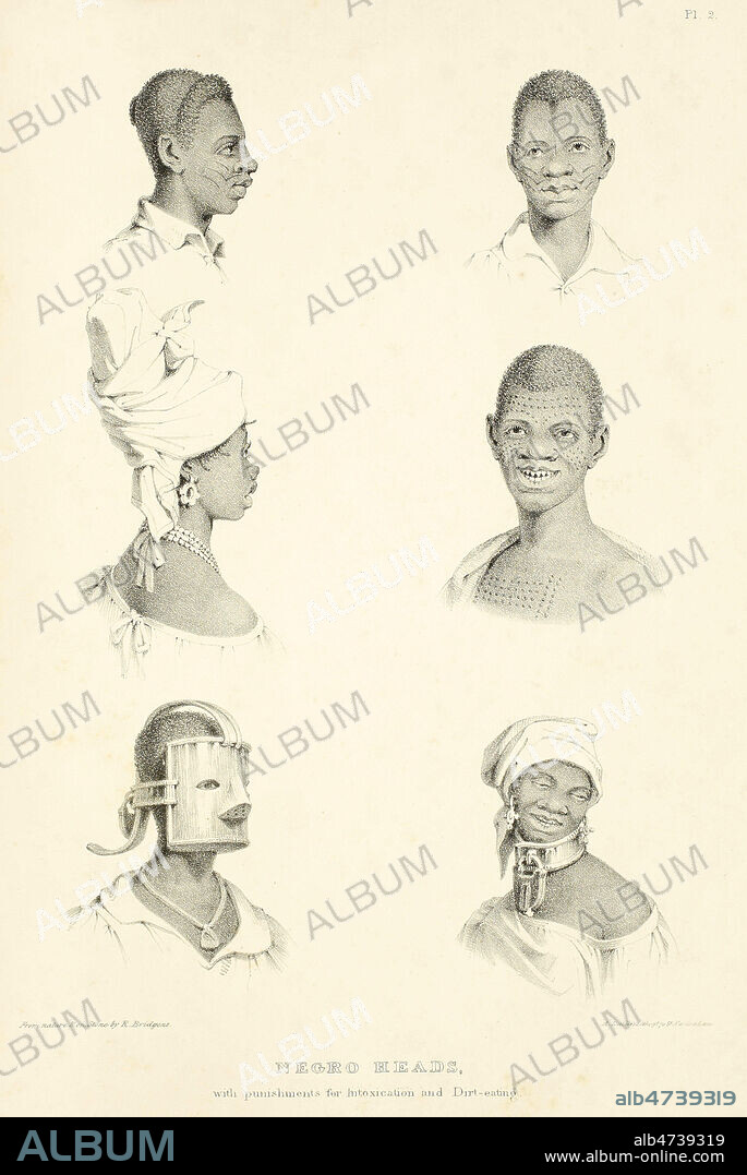 Differents types d'esclaves des Caraibes, avec punitions infligees : masque de fer pour les empecher de manger de la terre afin de se suicider, chaines au cou... Illustration tiree de l'ouvrage de R. BRIDGENS 'West India scenery', publie en 1836. Credit : Migny/ KHARBINE-TAPABOR.