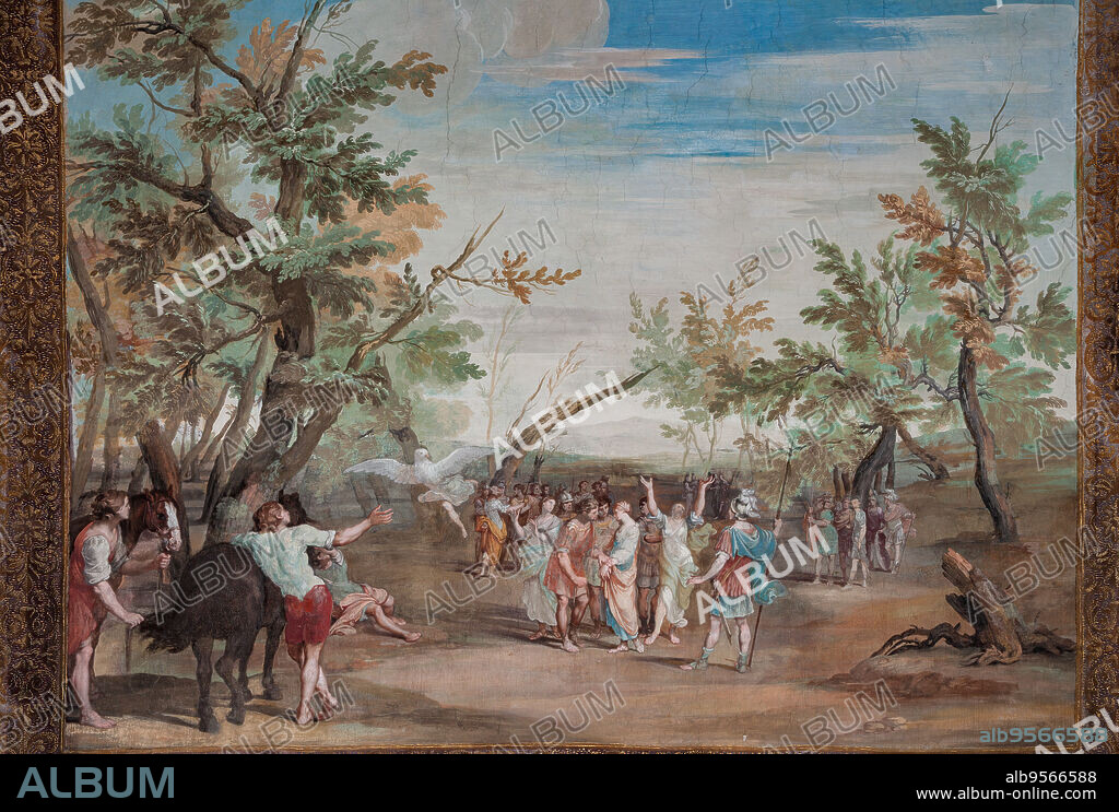 Sassuolo, Este Ducal Palace, the Bacchus Gallery: one of the forty-one panels with scenes painted by Jean Boulanger which narrate the events of Bacchus. Wall tempera painting, 1650 - 52.